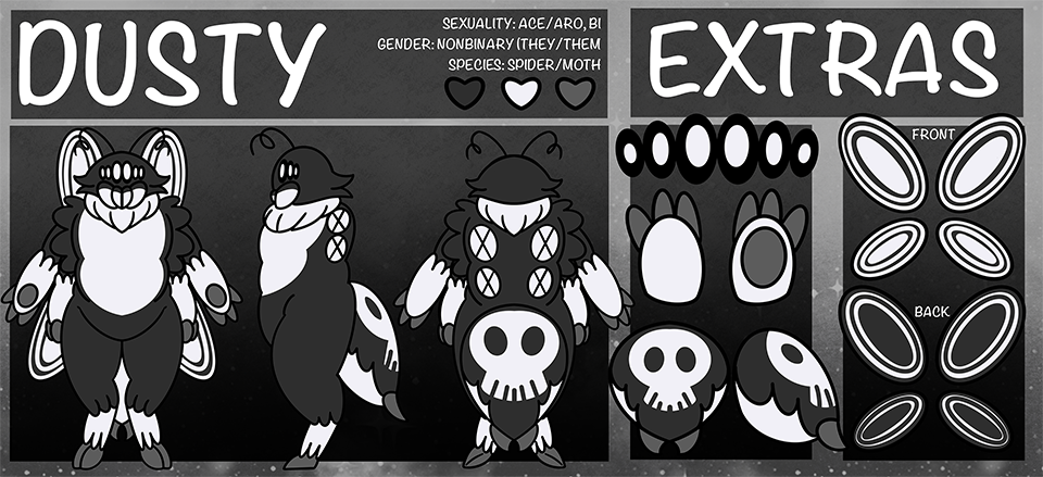 ref sheet of Dusty, front and back with monochrome colors, wings front and back as well as abdomen with skull face on top while white part is at bottom