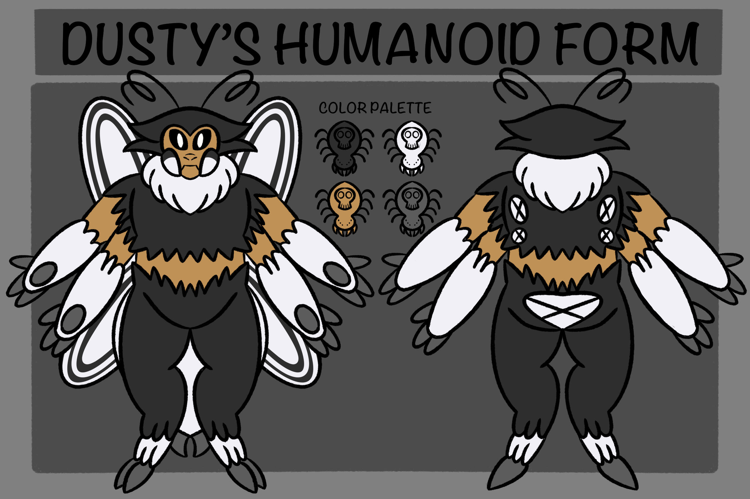 humanoid ref sheet of dusty, monochrome colors with dark gray fur, white fur on each arms and ankle, and light gray finger, toes, and pawpads.