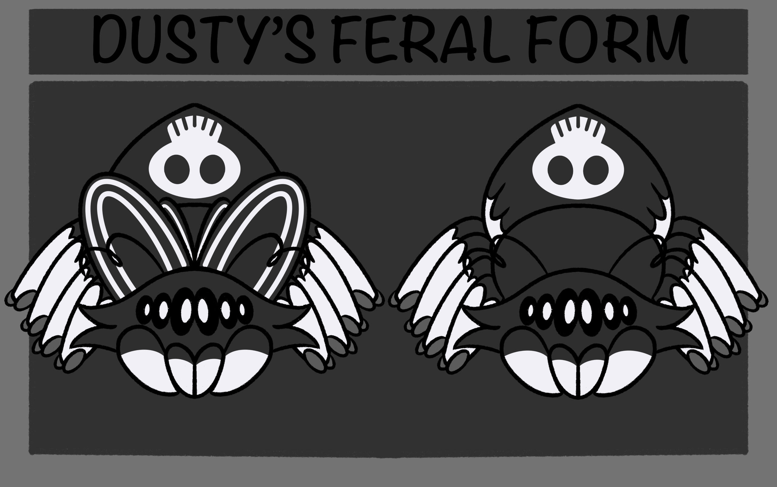 Dusty's art feral form of a spider and a moth combined together. Wings add on the left side while no wings on the right.
